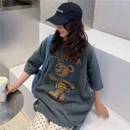 Womens T-shirts Tops Japanese Kawaii Ladies Ulzzang Vintage Bear Letter Lazy Tshirt Female Korean Harajuku Clothes For Women