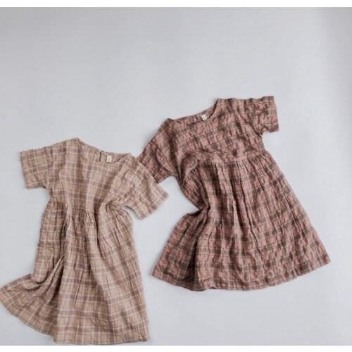 2021 Korea style girls plaid dress fashion cotton linen summer shorts sleeve girls dresses