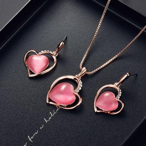 Romantic Heart Opal Rhinestone Inlaid Hollow Love Metal Pendent Earrings Necklace Set Korean Jewelry Sets for Women Girls Gift
