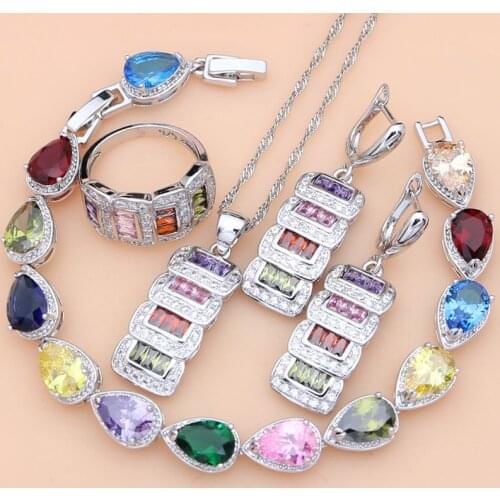 925 Sterling Bride Jewelry Sets Multicolor Gemstone Crystal Earrings Stone Bracelet Necklace Set Dropshipping