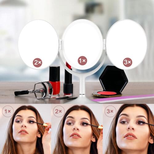 Battery Powered Trifold Makeup Cosmetic Vanity Mirror with Lights 1X 2X 3X Magnification for Bathroom Dressing Room Bedroom