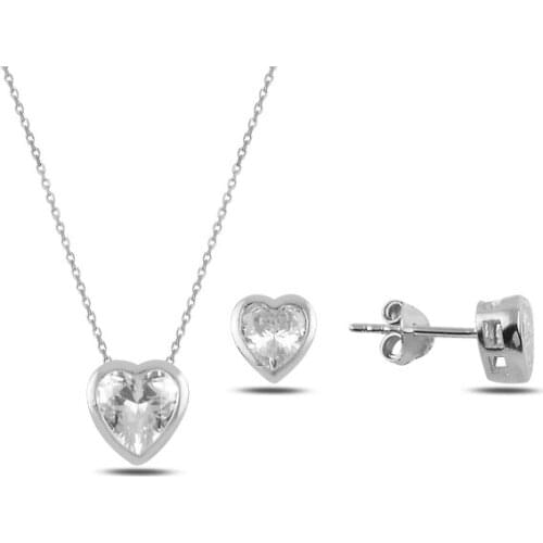 Kutaydan Zircon Cubic Zirconia Solitaire Heart 925 Sterling Silver Set Made in Turkey