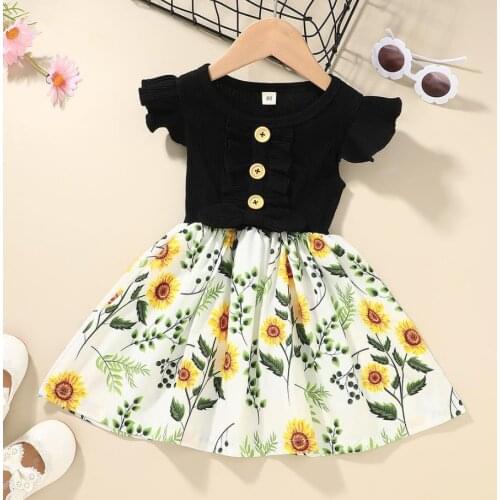 Toddler Girl Summer Sweety Dress Fly Sleeve Bow Front Dress Rib Knit Floral Patchwork Dresses Sundress