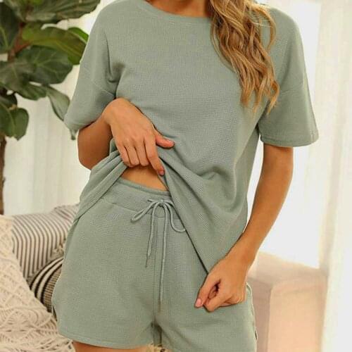 Summer Women Loose Casual Pajamas 2 Piece Fashion Home Wear Clothes Outfits Solid Tops T Shirt + Shorts Suit 2021 Sleepwear Set