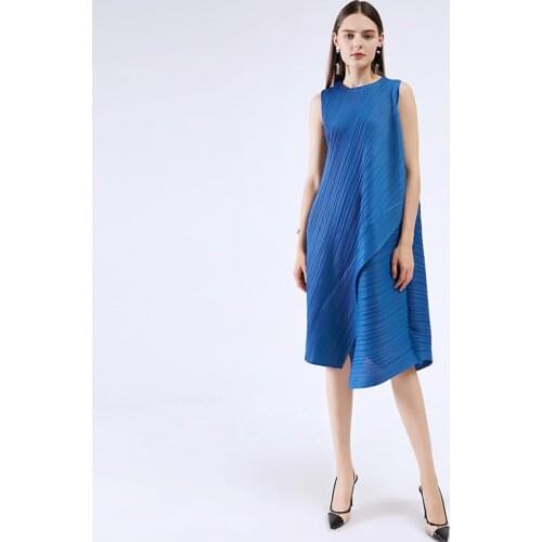 Miyake Pleated dress 2021 summer sleeveless dress korean dress blue Asymmetrical plus size women Vest causal aesthetic dress