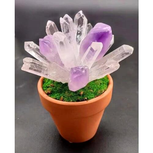 Natural quartz crystal Madagascar color tourmaline.Blue crystal strip. Amethyst specimen.Bluefluorite is handmade in flower POTS