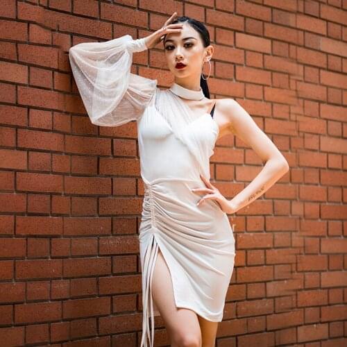 Latin Dancing Dress Female Sexy Mesh Single Sleeve Suspenders Women Dance Clothes Ballroom Cha Cha Samba Dancewear DWY4538