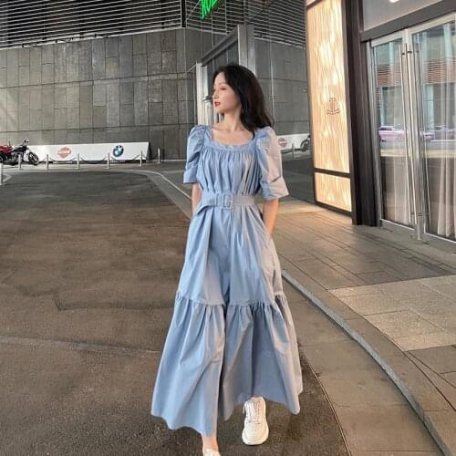 2021 Summer Women New French Retro Elegant Square Collar Dress Female Solid Color Pleated Big Swing Puff Sleeve Vestidos Z152