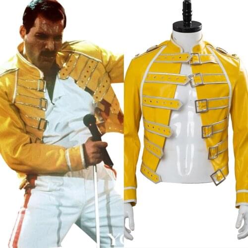 Queen Lead Vocals Freddie Mercury Cosplay Costume Yellow Jacket Adult Men Outfit Coat Cosplay Halloween Carnival Costume