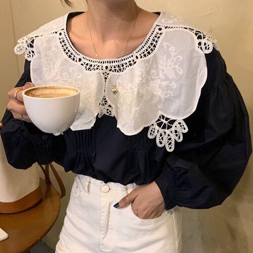Turn-down Collar Lace Hook Flower Patchwork Pleated Shirt Lantern Sleeve Women Blouse Chic Autumn Retro Femme Blusas