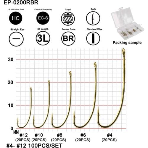 Eupheng Nymph Dry Fly Hook Combo Standard Wire 3X Long Straight Eye Semidropped Point Forged Fly Fishing Hooks EP-TMC200R 100PCS