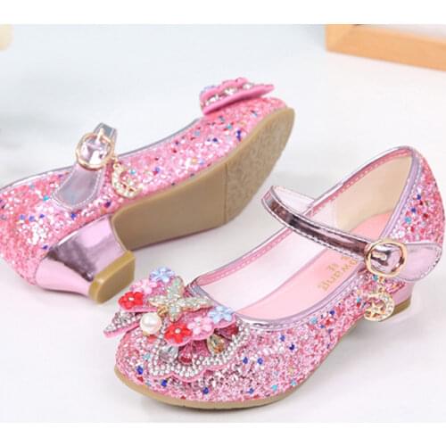 Childrens Shoes 2020 Small Medium Girls Crystal Shoes Princess Leather Shoes Bow-knot High Heels Shoes Sequin Childrens Shoes