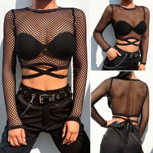 Sexy Women Mesh Sheer Crop Top Long Sleeve Transparent T-Shirt Tee Tops sexy black Fishnet t shirts 2020 summer female t shirts