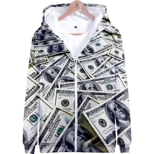 3D Print Zipper Hoodie Harajuku Cosplay United States Dollar money Hoddie Fasion Sweatshirt zipper Casual Pullover Clothes