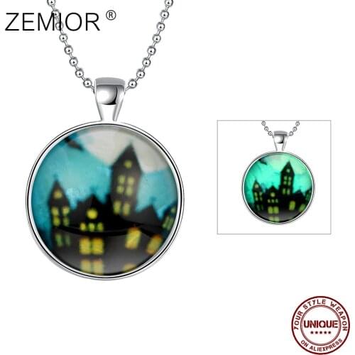 ZEMIOR Necklace For Women Haunted House Pattern Luminous Pendant Necklace Halloween Terrorist Themes Gifts Fashion Jewelry