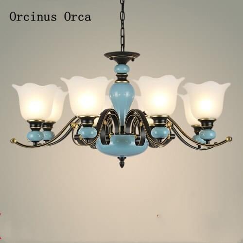 American Ceramic chandelier simple rural living room warm bedroom dining room European Creative Blue Glass Chandelier