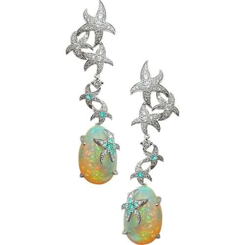 Long Fire Opal Earrings For Women Color Crystal Starfish Drop Earrings Ladies Accessories Wedding Jewelry Brincos L5C264