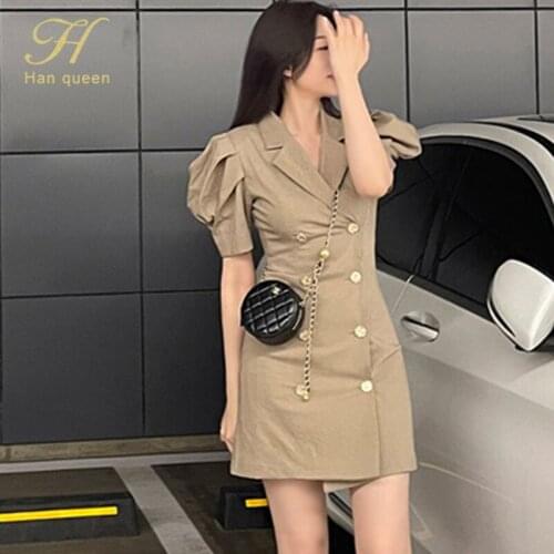 H Han Queen 2021 Summer New Double Breasted Pencil Dress Women Office Wear Bodycon Dresses Simple Korean Puff Sleeve Vestidos