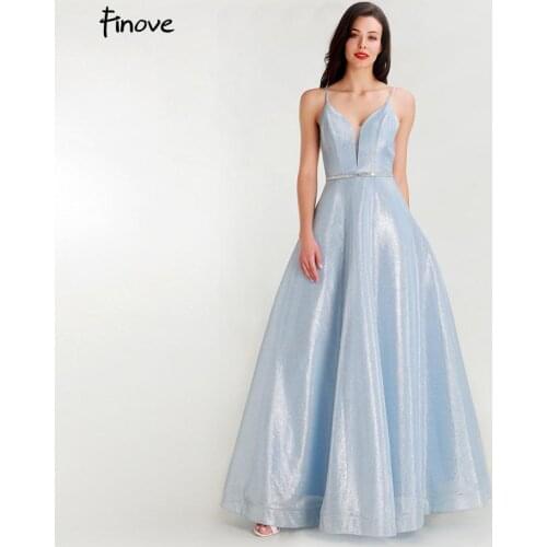 Finove Sexy V Neck Prom Dresses 2020 New Sky Blue Sparkly Materials Spaghetti Strap Crystals A Line Party Dress Gowns For Girls
