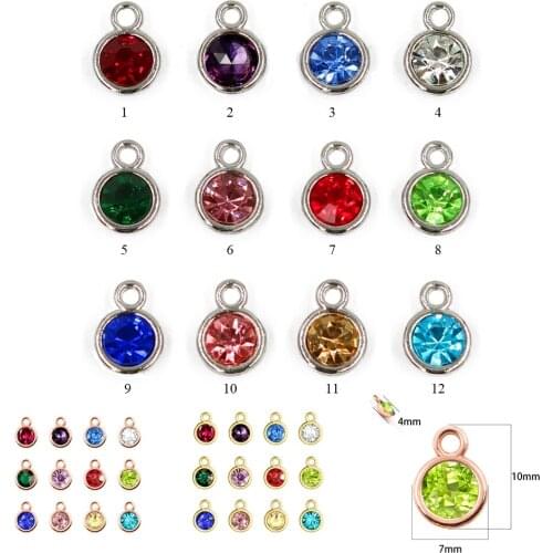 12pcs Round Silver Color Birthstone DIY Birthday Stones 12 Months Alloy Size 7*10mm Charms Pendants