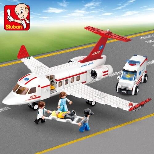335PCS S Luban 0370 Aviation World Medical Ambulance Aircraft Boy Assembled Building Blocks Assembled Toy Car Gift