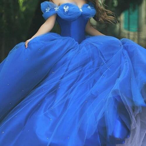 Royal Blue Organza Ball Gown Cinderella Quinceanera Dresses Beaded Floor Length Sweet 16 Years Pageant Gowns Prom Dress QD66