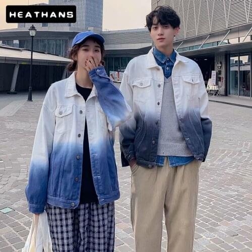 Denim Jacket Mens Korean Style Loose Gradient Jean Jacket For Male Casual Handsome Spring Autumn Denim Jacket Couple Jean Tops