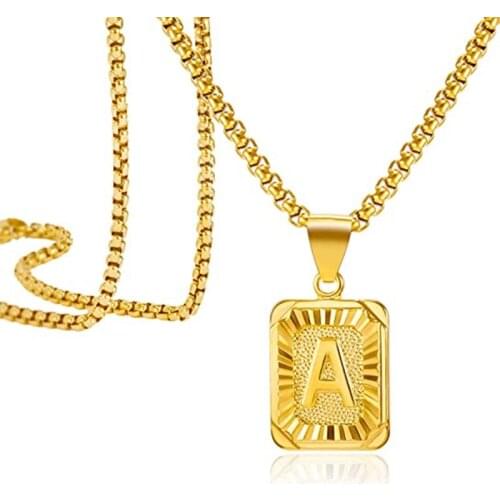 Personality Design 26 Letter Pendant Simple Men Women Gold Plated Square Stainless Steel Necklace Trend Men Women Party Jewelry