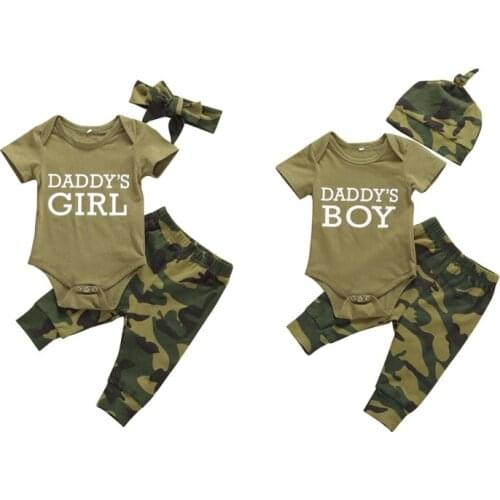 0-12M Newborn Infant Baby Girls Boys Clothes Sets Letter Print Short Sleeve Romper Tops+Camouflage Pants Hats/Headband