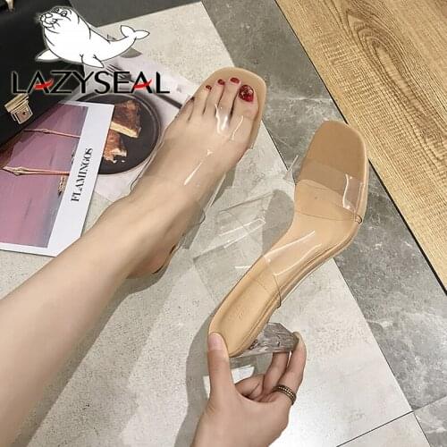 LazySeal 9cm Transparent High Square Heels Slides Women Summer Slippers For Ladies Shoes Woman Snake Shoes For Women