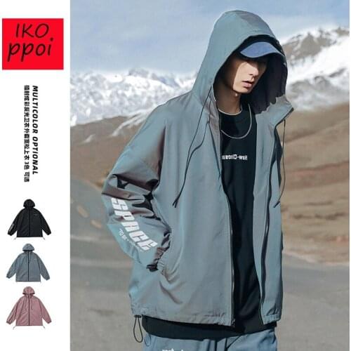 Hong Kong Style Trendy Brand Coat Mens Autumn Loose Casual Mens Clothing Trendy Printed Reflective Hooded Jacket Sports Top