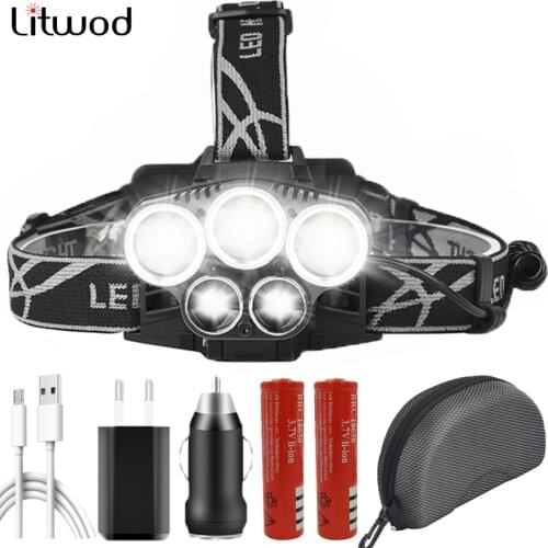 Powerful 5 Led Headlight Headlamp Micro USB Rechargeable 18650 Battery Head Flashlight Lamp Torch White & Blue Light for Fishing