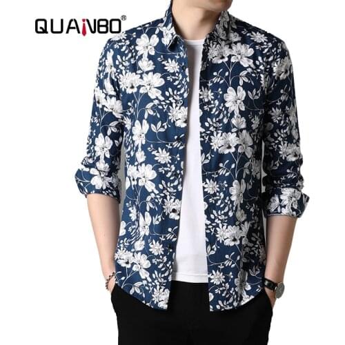 QUANBO Mens Slim Fit Long Sleeve Cotton Shirt Man Fashion Casual Printing Thin Dress Shirts Brand Clothing