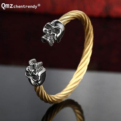 2017 New Rapper Classic Stainles Steel Wire Woven Skeleton Bangle Skull Men Bracelet Antique Jewelry For Men pulseras Hombre