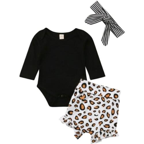 Casual Newborn Baby Girls Cotton Leopard print Clothes Long Sleeve Top Romper Short Pants Heanband Outfit