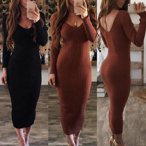 Sexy women dress winter 2020 knit sweater Long Sleeve V Neck Backless Ribbed Slim Knitted Midi Dress Sweater Dress korean dress