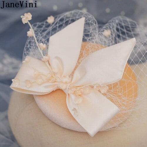 JaneVini Vintage Champagne Wedding Hat with Veil Short Net Flowers Bow Women Elegant Fashion Church Bridal Hats Bride Hairpin