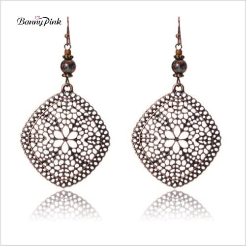 Banny Pink Vintage Geo Hollow Pendant Dangle Earrings For Women Ethnic Geo Metal Flower Drop Earrings Fashion Jewelry Pendientes