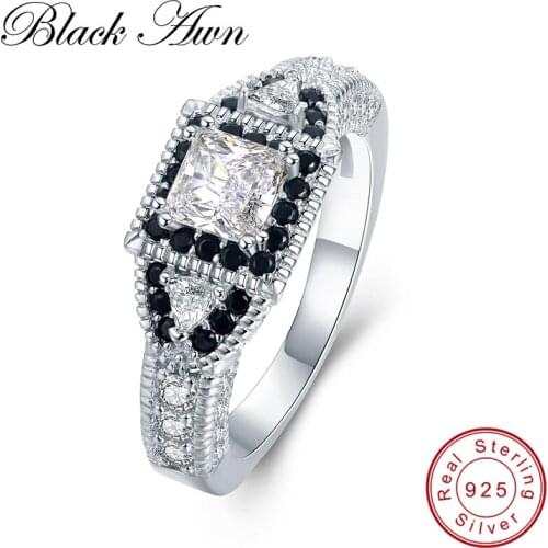 [BLACK AWN] 5g 925 Sterling Silver Jewelry Trendy Engagement Rings for Women Black Spinel Wedding Ring C412