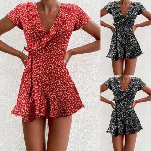 2021 Fashion Sexy Low Cut Floral Printed Short Sleeve Ruffled Women Mini Dress Sexy Women Dress Summer Dress