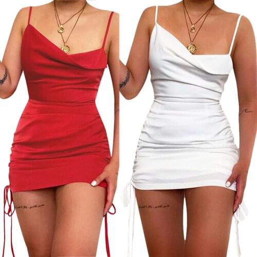 2021 Summer Women’s Fashion Solid Color Skinny Dress Sexy Asymmetric Collar Drawstring Suspender Short Dress White/Red