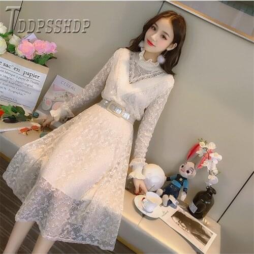 2019 Lining With Fluff Women Dress Autumn Winter Lace Elegant Female Bottoming Dresses