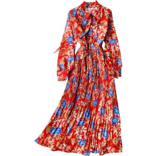 New Spring Autumn Women Bow Neck Long Sleeve Slim Long Dress Sweet Flowers Print Pleated Hem Chiffon Dress