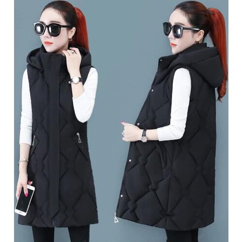 Vielleicht Winter Womens Vest Casual Long Hooded Waistcoat Zipper Pocket Thicken Warm Sleeveless Sintepon Parka Vest For Female