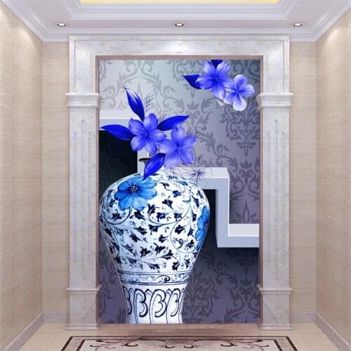 3D three-dimensional mural living room entrance hallway TV background wallpaper Blue and White Custom sizes
