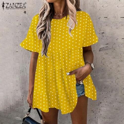 Bohemian Printed Tops Womens Summer Bloues ZANZEA 2021 Casual Short Sleeve Polka Dot Tunic Female O neck Tops Chemise Blusas