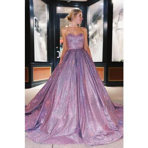 Lilac Long Glitter Prom Dresses 2020 Sleeveless Sweetheart Lace-up Back Strapless Formal Evening Party Ball Gown Robe De Soiree