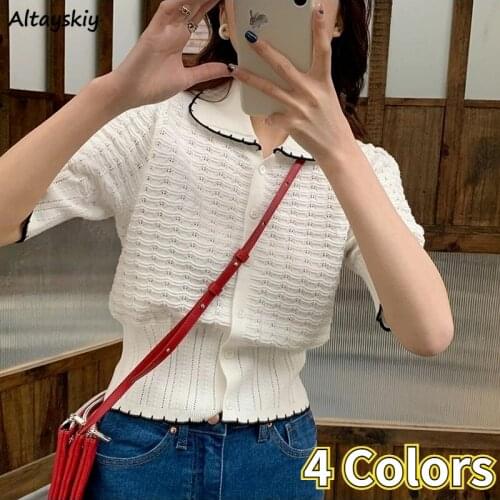 Sweater Cardigans Women Retro French Style Summer Thin Peter Pan Collar Girls Knitting Slim Short Sleeve Students Daily Female