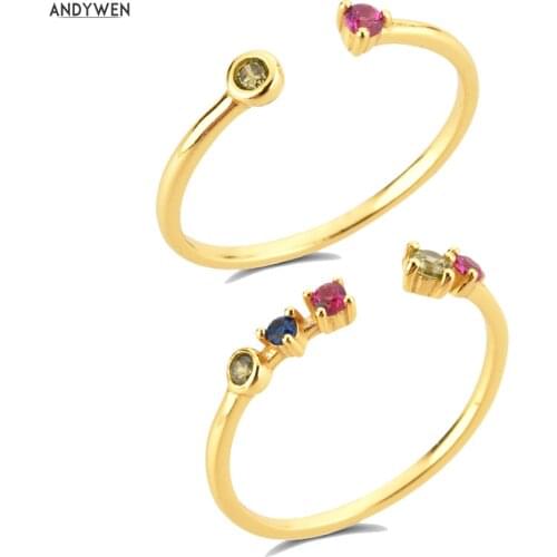 ANDYWEN 100% 925 Sterling Silver Open Rainbow CZ Colorful Resizable Rings Adjustable Wedding Luxury Jewelry Circle For Women