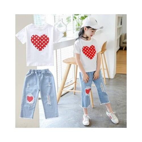 Childrens Clothing Sets 2020 Summer New Big Girls Love Print Short Sleeve T Shirt+denim Pants 2pcs Sets Kids Girls Casual Suits